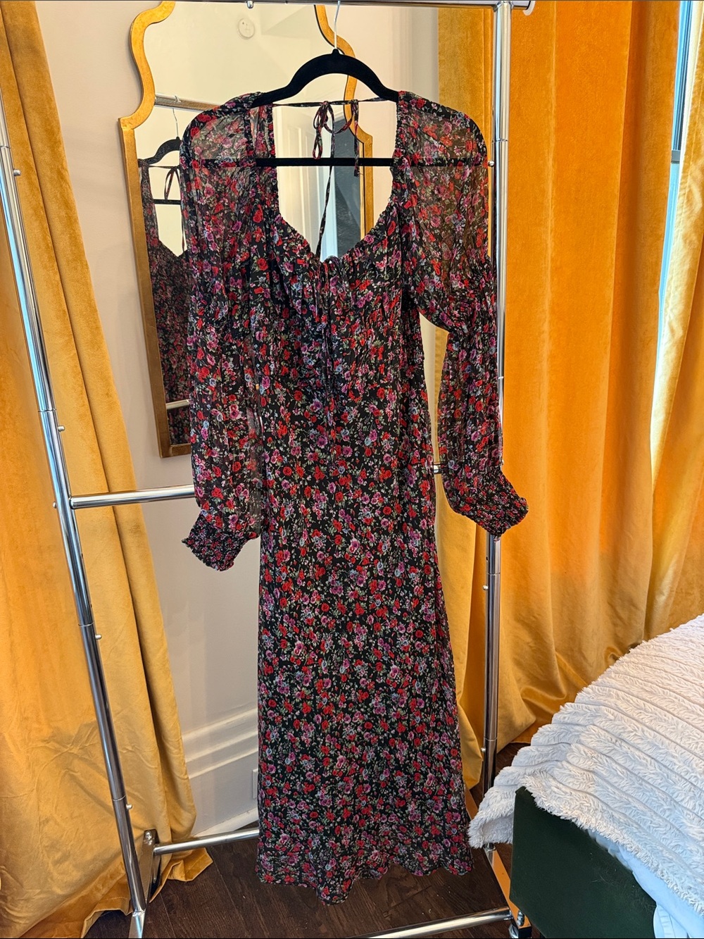 Floral Long Sleeve Maxi Dress - Black with Red & Pink Flowers size large
